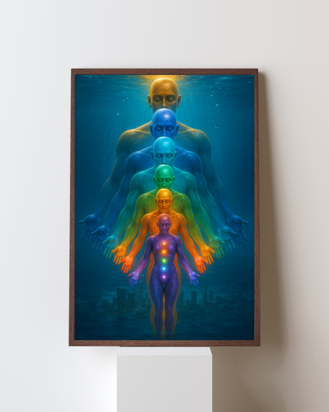 Framed poster of energetically bodies in different colors showing chakras