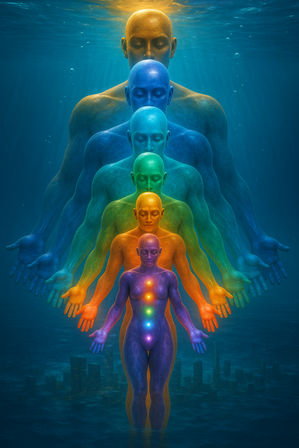 Colorful depiction of a human figure with chakra points underwater