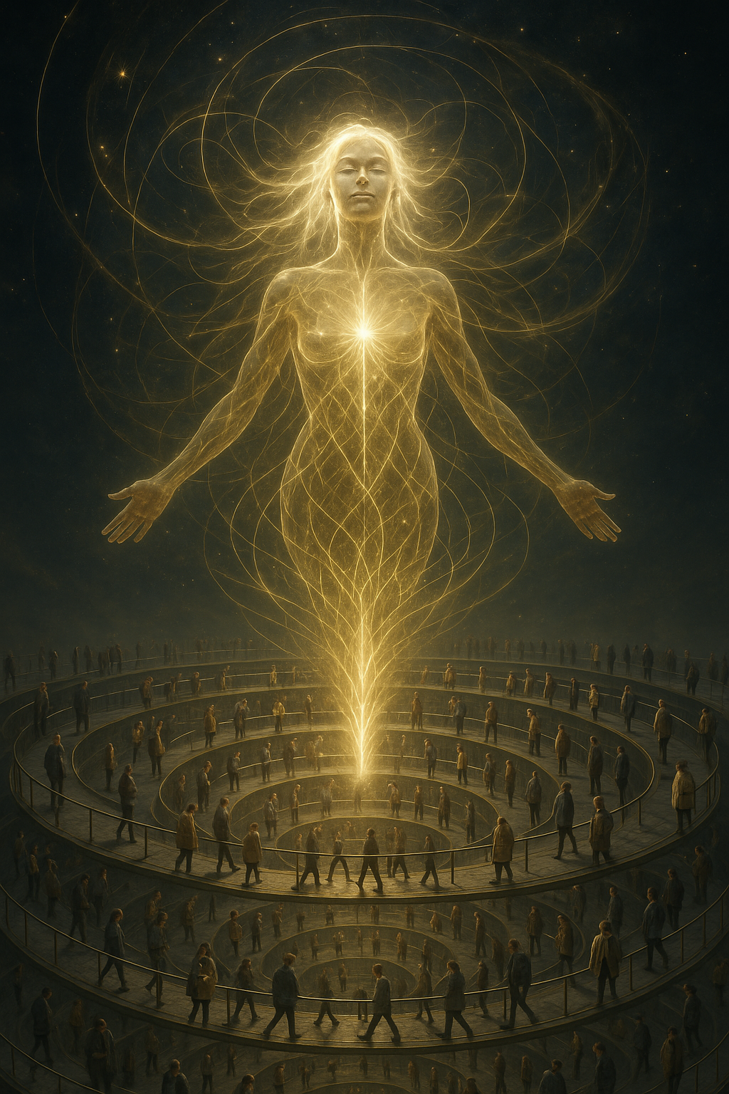 Illustration of a glowing, energy-filled figure surrounded by people in a dark setting