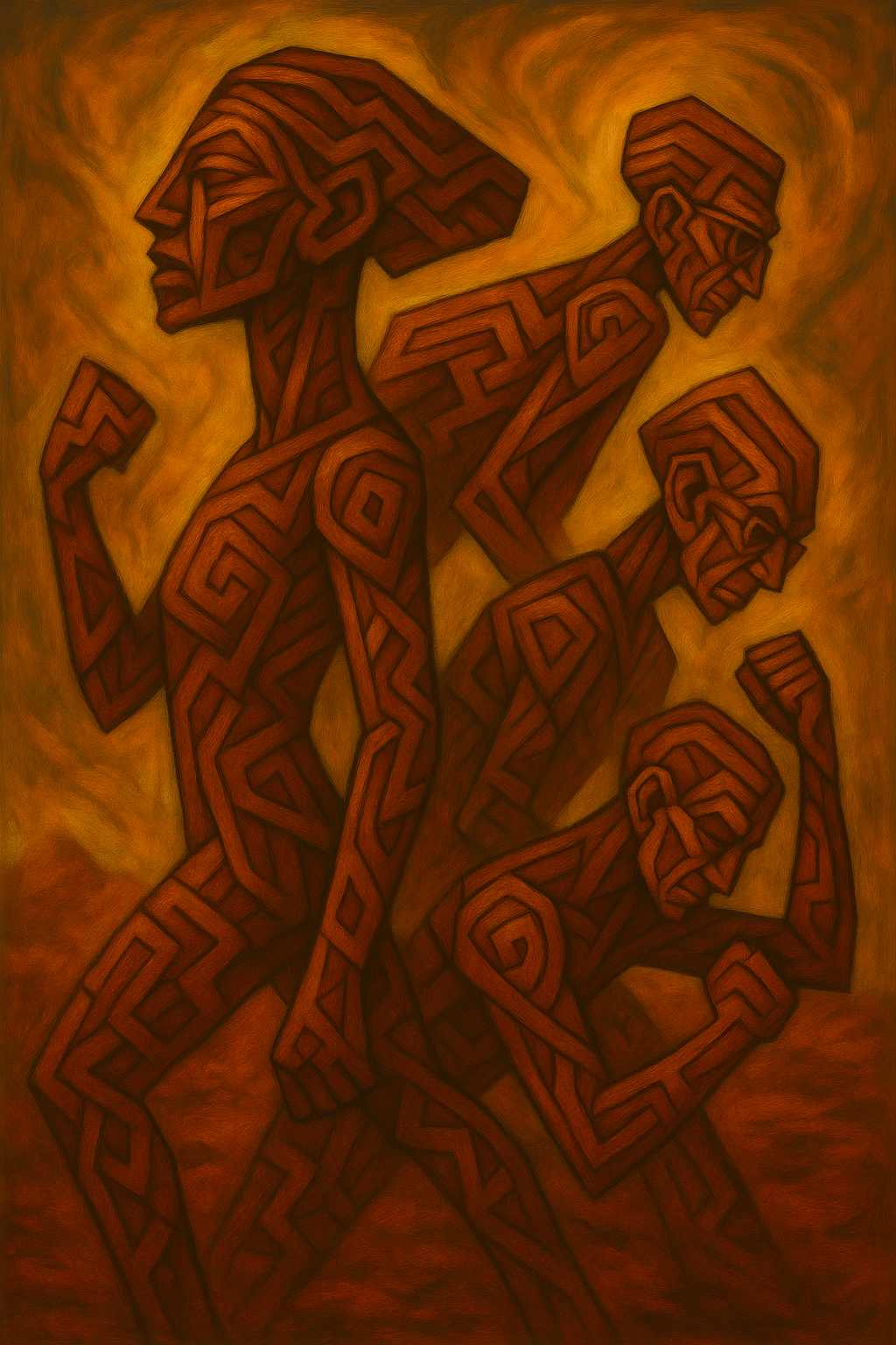 original acrylic painting by artist Johny Dar featuring four figures in red